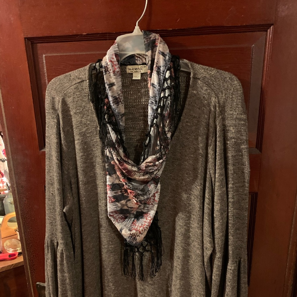 Light weight sweater with attached scarf